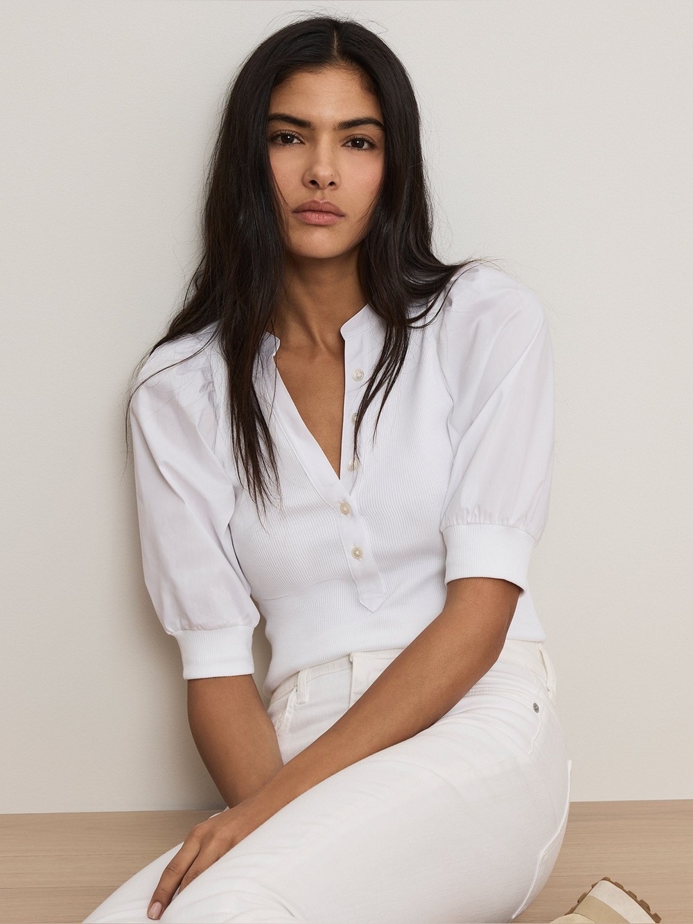 Veronica Beard Women's Coralee Top in White Ribbed Split-Band Collar Top - Small